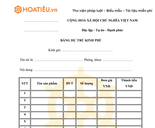 Mẫu bảng dự trù kinh phí