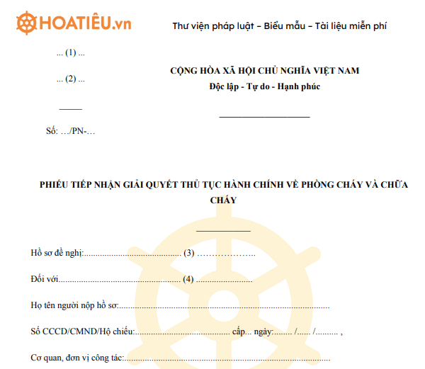 Mẫu PC03: Phiếu tiếp nhận giải quyết thủ tục hành chính về phòng cháy và chữa cháy