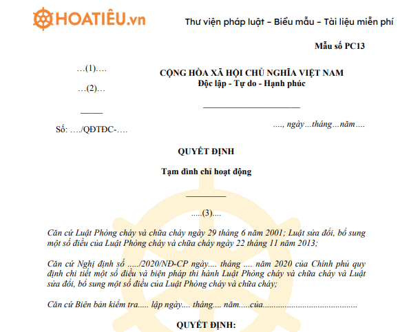 Mẫu PC13: Quyết định tạm đình chỉ hoạt động