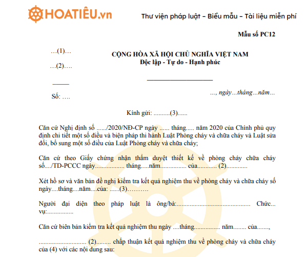 Mẫu PC12: Văn bản chấp thuận kết quả nghiệm thu về phòng cháy và chữa cháy