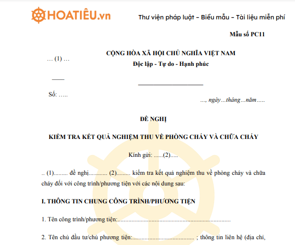 Mẫu PC11: Văn bản đề nghị kiểm tra kết quả nghiệm thu về phòng cháy và chữa cháy