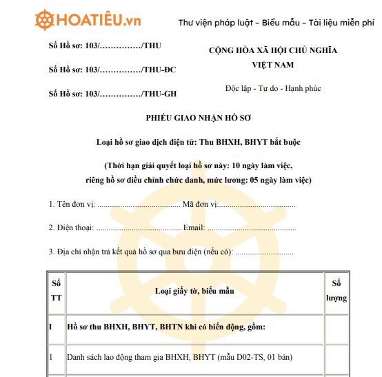 Mẫu phiếu giao nhận hồ sơ giao dịch điện tử (thu bảo hiểm xã hội, bảo hiểm y tế bắt buộc