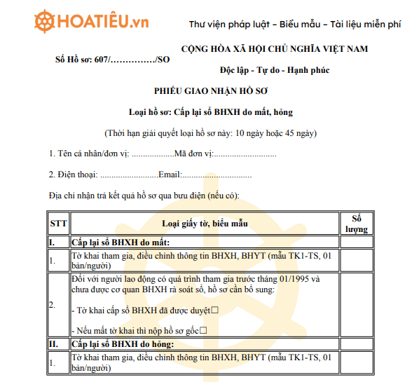 Phiếu giao nhận hồ sơ 607: Cấp lại sổ BHXH do mất, hỏng