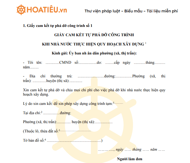 Giấy cam kết tự phá dỡ công trình