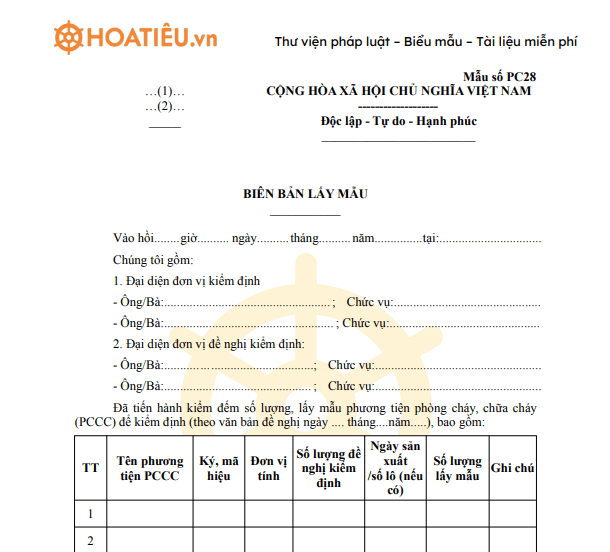 Mẫu PC28: Biên bản lấy mẫu phương tiện kiểm định 