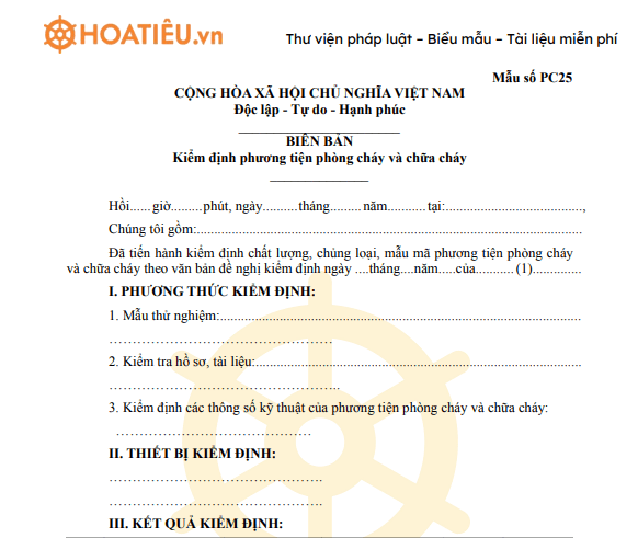 Mẫu biên bản kiểm định phương tiện phòng cháy và chữa cháy