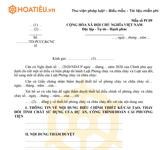 Mẫu PC07: Giấy chứng nhận thẩm duyệt thiết kế về phòng cháy và chữa cháy