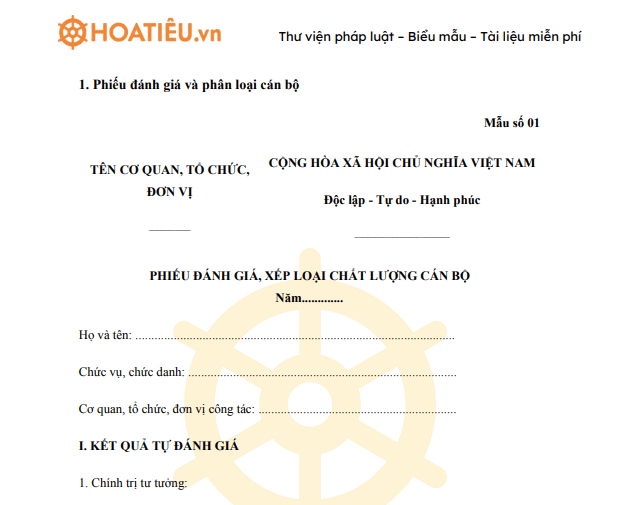 Phiếu đánh giá phận loại viên chức mới nhất