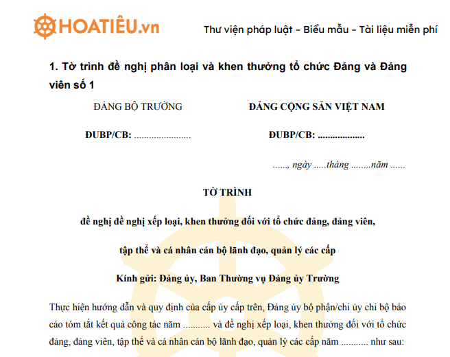 Mẫu tờ trình đề nghị phân loại và khen thưởng tổ chức Đảng và Đảng viên