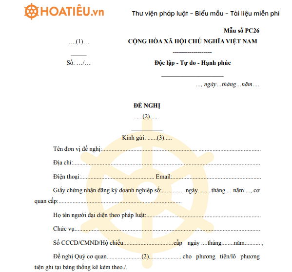 Mẫu PC26: Văn bản đề nghị kiểm định và cấp Giấy chứng nhận kiểm định phương tiện phòng cháy