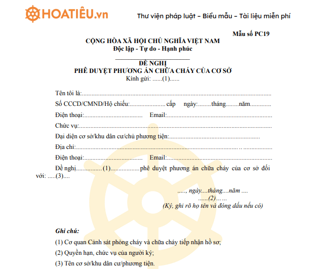 Mẫu PC19: Văn bản đề nghị phê duyệt phương án chữa cháy của cơ sở