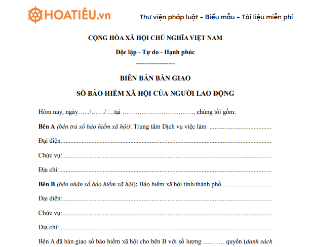 Mẫu biên bản giao nhận sổ bảo hiểm xã hội