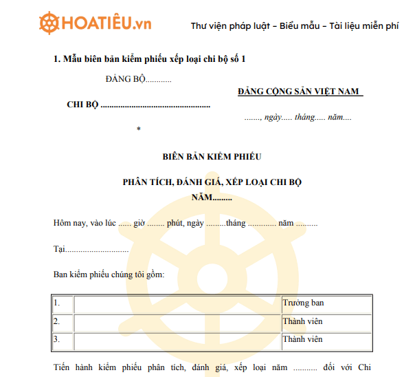 Mẫu biên bản kiểm phiếu xếp loại chi bộ