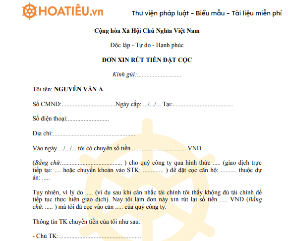 Mẫu đơn xin rút tiền đặt cọc