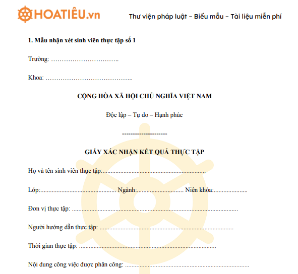 Mẫu nhận xét sinh viên thực tập -