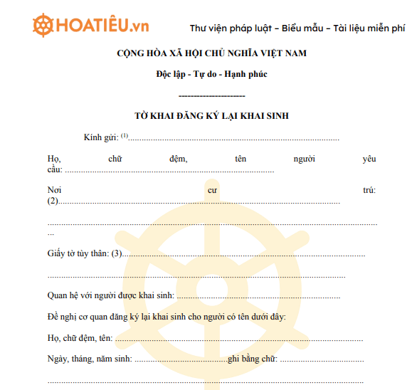 Tờ khai đăng ký lại khai sinh
