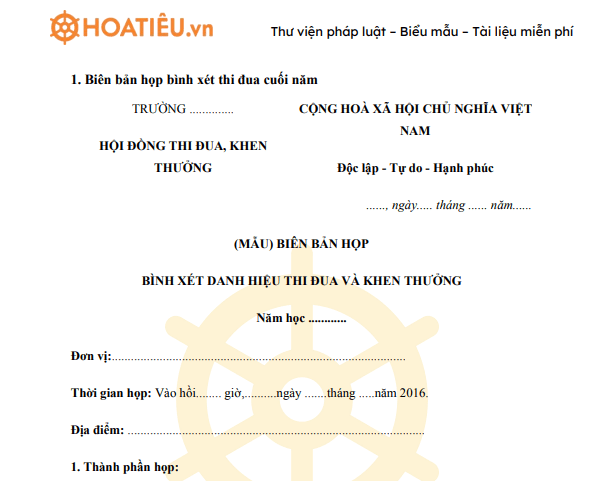 Biên bản họp xét thi đua khen thưởng cuối năm