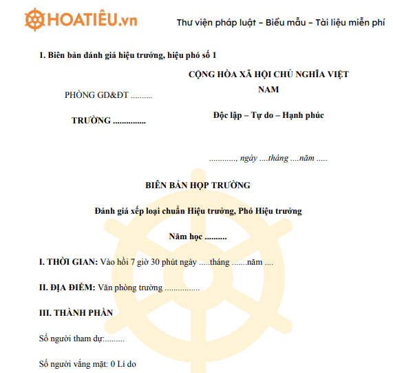 Biên bản họp đánh giá xếp loại hiệu trưởng, phó hiệu trưởng theo chuẩn hiệu trưởng