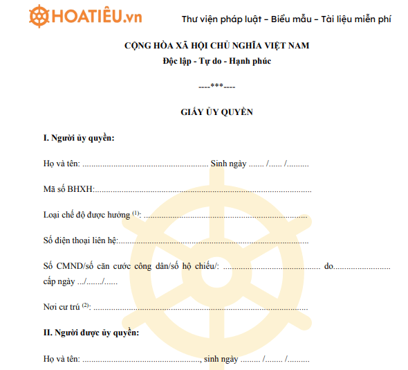 Giấy uỷ quyền làm thủ tục hưởng, nhận thay chế độ BHXH, BHYT, BHTN