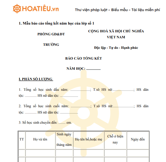 Mẫu báo cáo tổng kết năm học của lớp