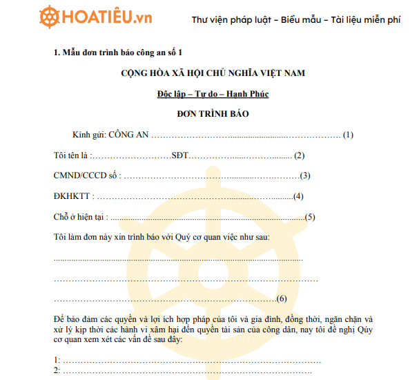 Mẫu đơn trình báo công an 