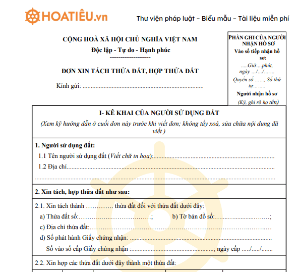 Mẫu đơn xin tách thửa hoặc hợp thửa đất