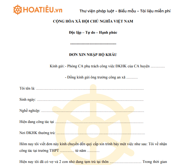 Mẫu đơn xin nhập hộ khẩu