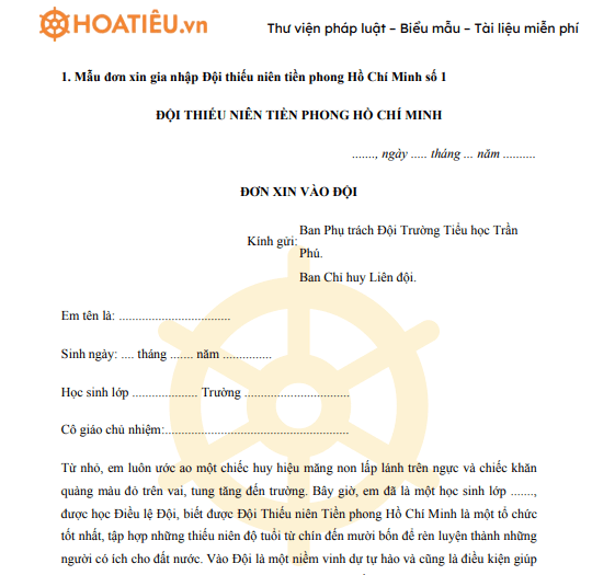 Mẫu đơn xin vào Đội Thiếu niên Tiền phong Hồ Chí Minh