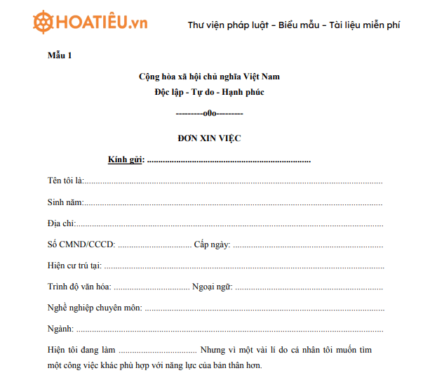 Mẫu đơn xin việc ngành Kỹ sư xây dựng