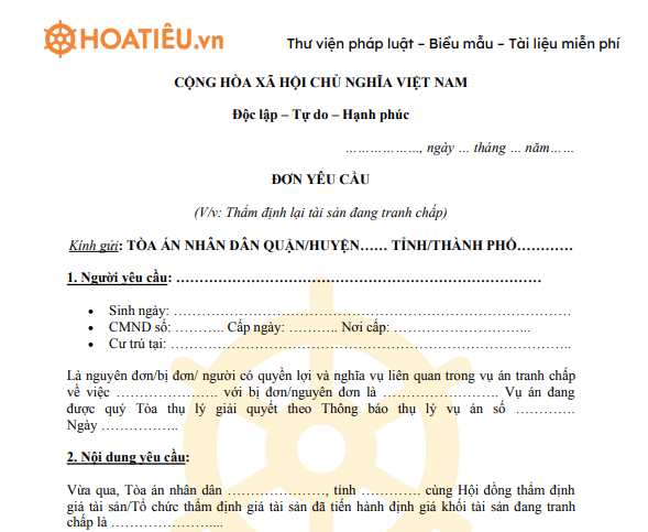 Mẫu đơn định giá lại tài sản đang tranh chấp