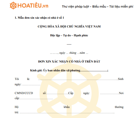 Mẫu đơn xin xác nhận có nhà ở