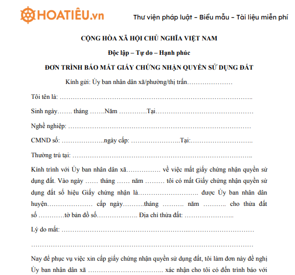 Đơn trình báo mất giấy chứng nhận quyền sử dụng đất 