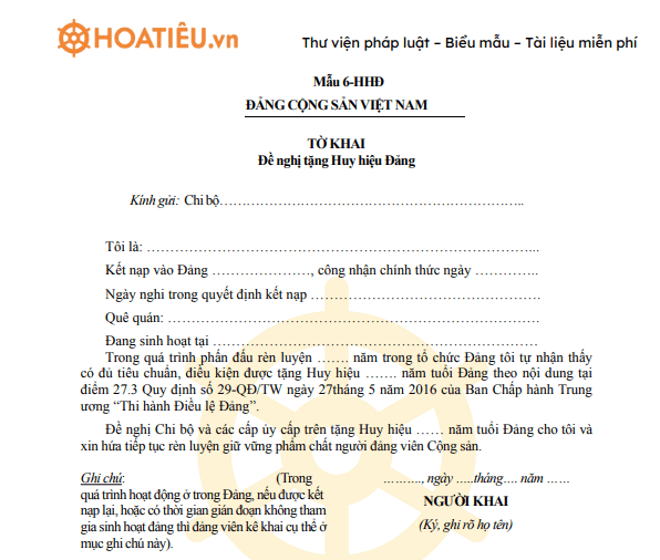Mẫu 6-HHĐ: Tờ khai đề nghị tặng Huy hiệu Đảng 