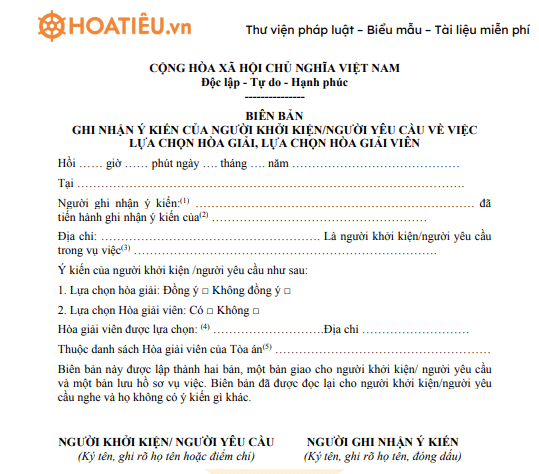 Mẫu 03-HG: Biên bản ghi nhận ý kiến của người khởi kiện/người yêu cầu về việc lựa chọn hòa giải, lựa chọn Hòa giải viên