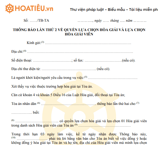 Mẫu 02-HG: Thông báo lần thứ 2 về quyền lựa chọn hòa giải và lựa chọn Hòa giải viên 