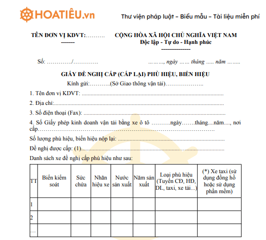 Mẫu giấy đề nghị cấp, cấp lại phù hiệu, biển hiệu 