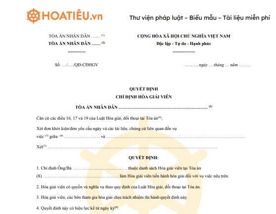 Mẫu 07-ĐT: Quyết định chỉ định hòa giải viên