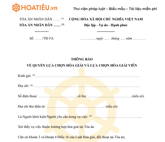 Thông báo về quyền lựa chọn hòa giải và lựa chọn Hòa giải viên