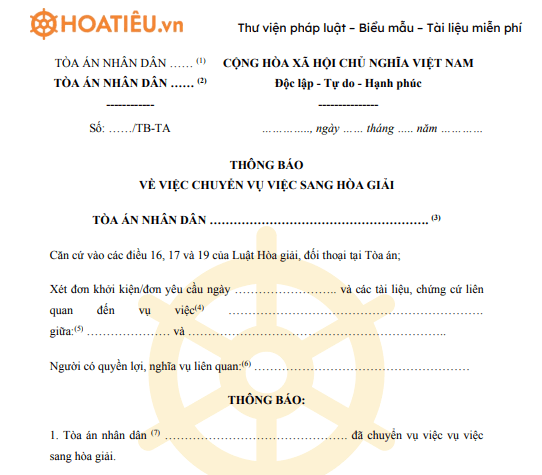 Mẫu 07-HG: Thông báo về việc chuyển vụ việc sang hòa giải