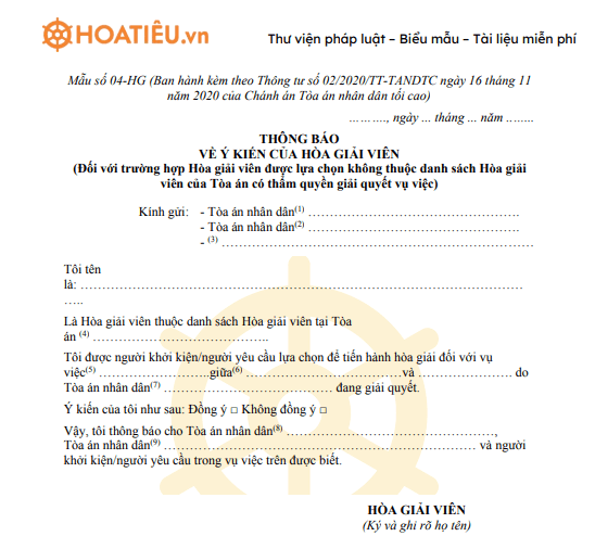 Mẫu số 04-HG: Thông báo về ý kiến của Hòa giải viên