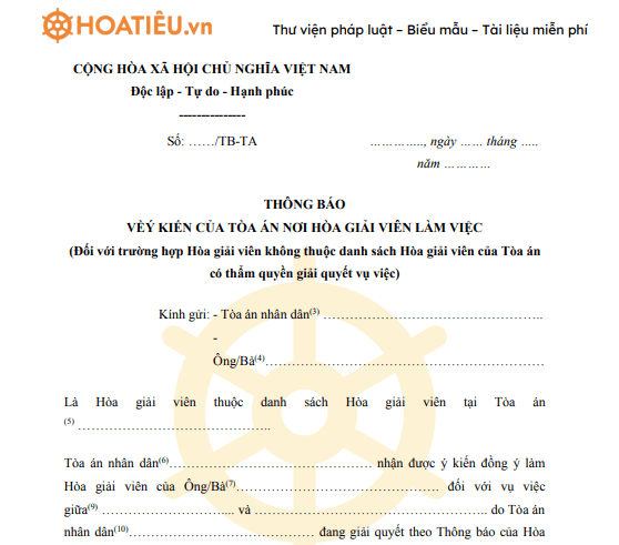 Mẫu 05-HG: Thông báo về ý kiến của tòa án nơi hòa giải viên làm việc