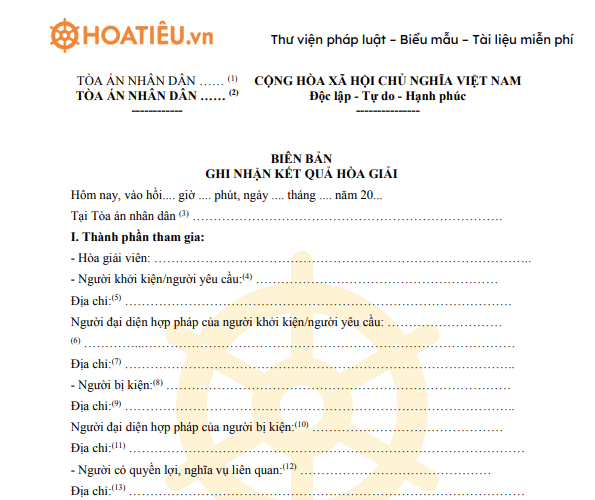 Mẫu 11-HG: Biên bản ghi nhận kết quả hòa giải 