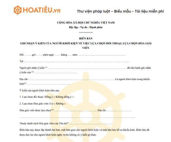 Biên bản ghi nhận ý kiến của người khởi kiện về việc lựa chọn đối thoại, lựa chọn Hòa giải viên