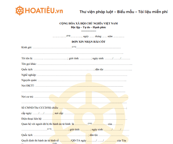 Đơn xin nhận hài cốt