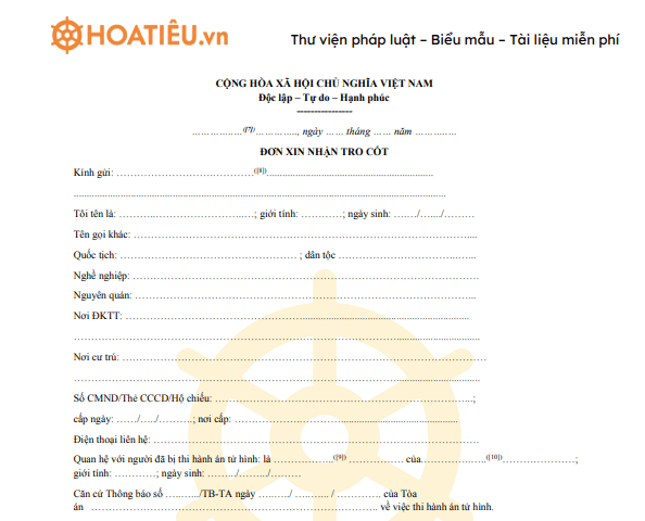 Đơn xin nhận tro cốt