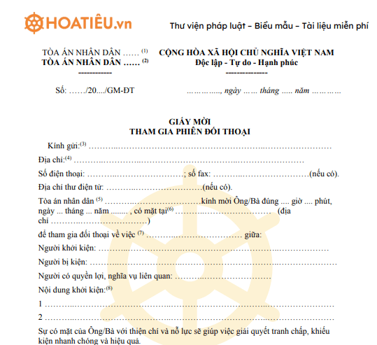 Mẫu 08-ĐT: Giấy mời tham gia phiên đối thoại 