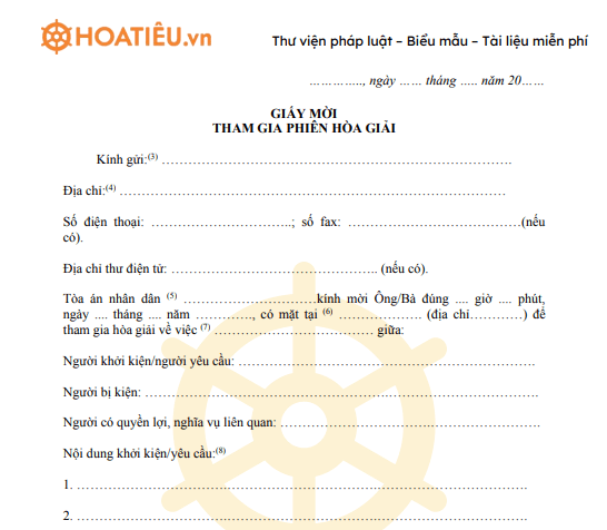 Mẫu số 08-HG: Giấy mời tham gia phiên hòa giải 