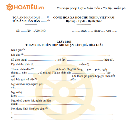 Mẫu số 09-HG: Giấy mời tham gia phiên họp ghi nhận kết quả hòa giải 