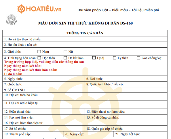 Mẫu Đơn xin visa DS-160