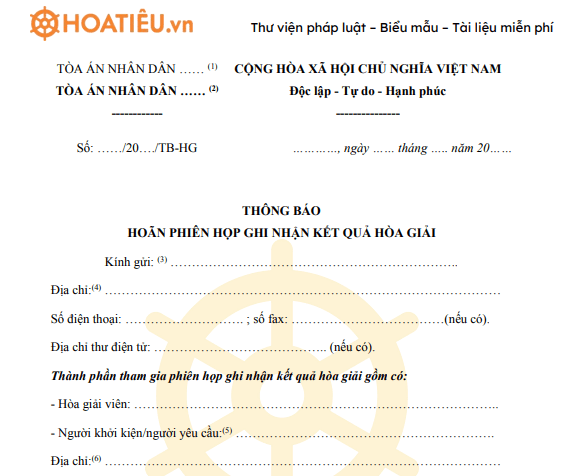 Mẫu 10-HG: Thông báo hoãn phiên họp ghi nhận kết quả hòa giải